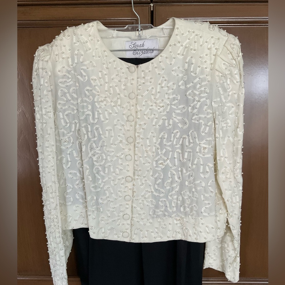 Vintage Sarah Elizabeth Cream Beaded Jacket with black pleated pants Size 12